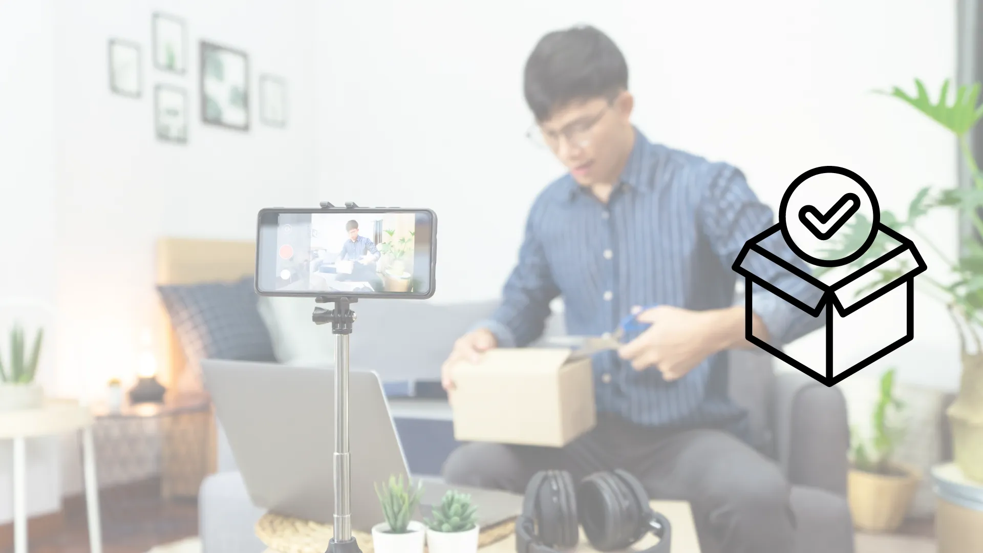 Joven asiatico grabando unboxing frente smartphone