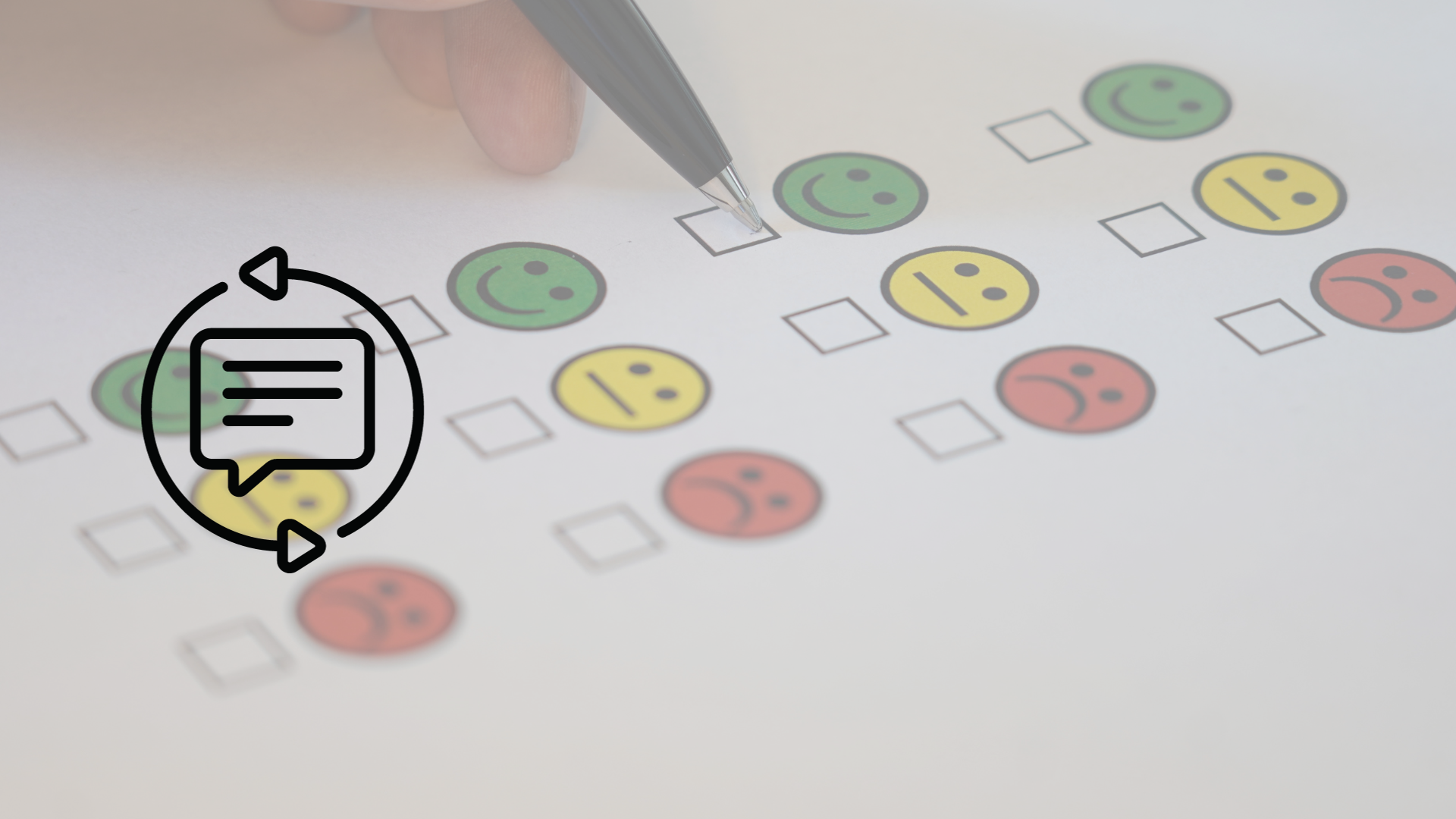 Hoja de encuesta de satisfacción con íconos de positivo, neutral y negativo