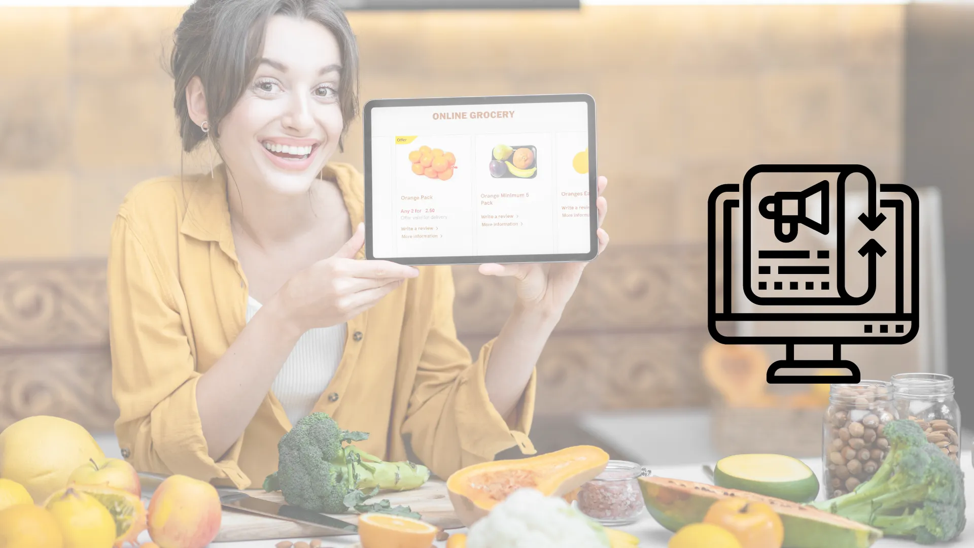 Mujer caucasica mostrando tablet con tienda en linea en negocio