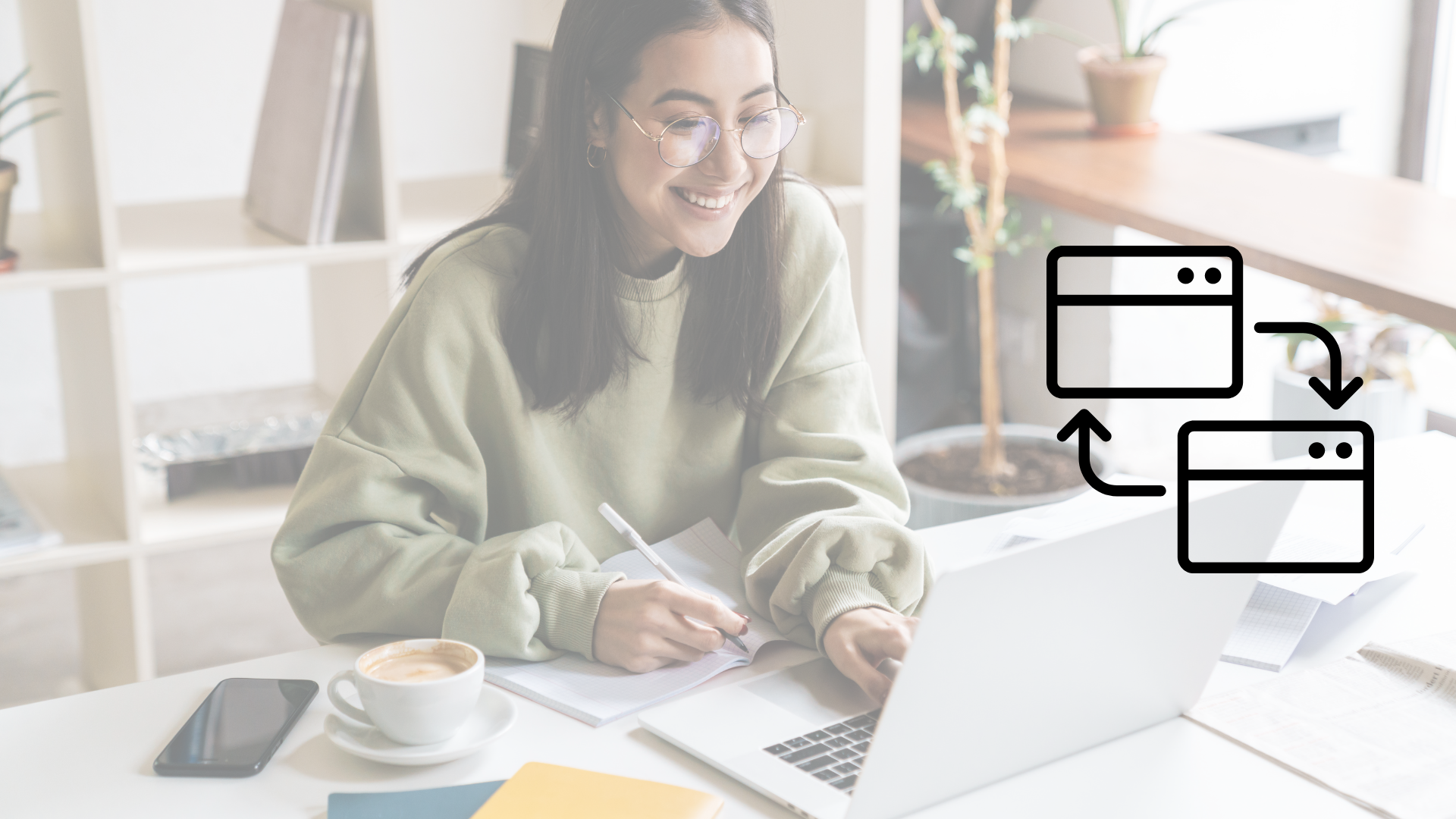 Mujer latina trabajando en laptop en café 