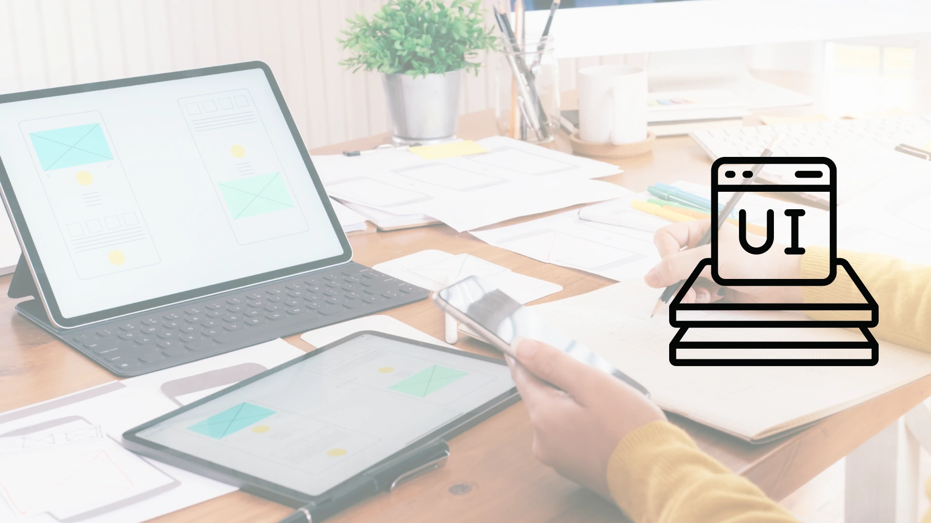 Hombre en escritorio de madera con smartphone y laptop trabajando en UI