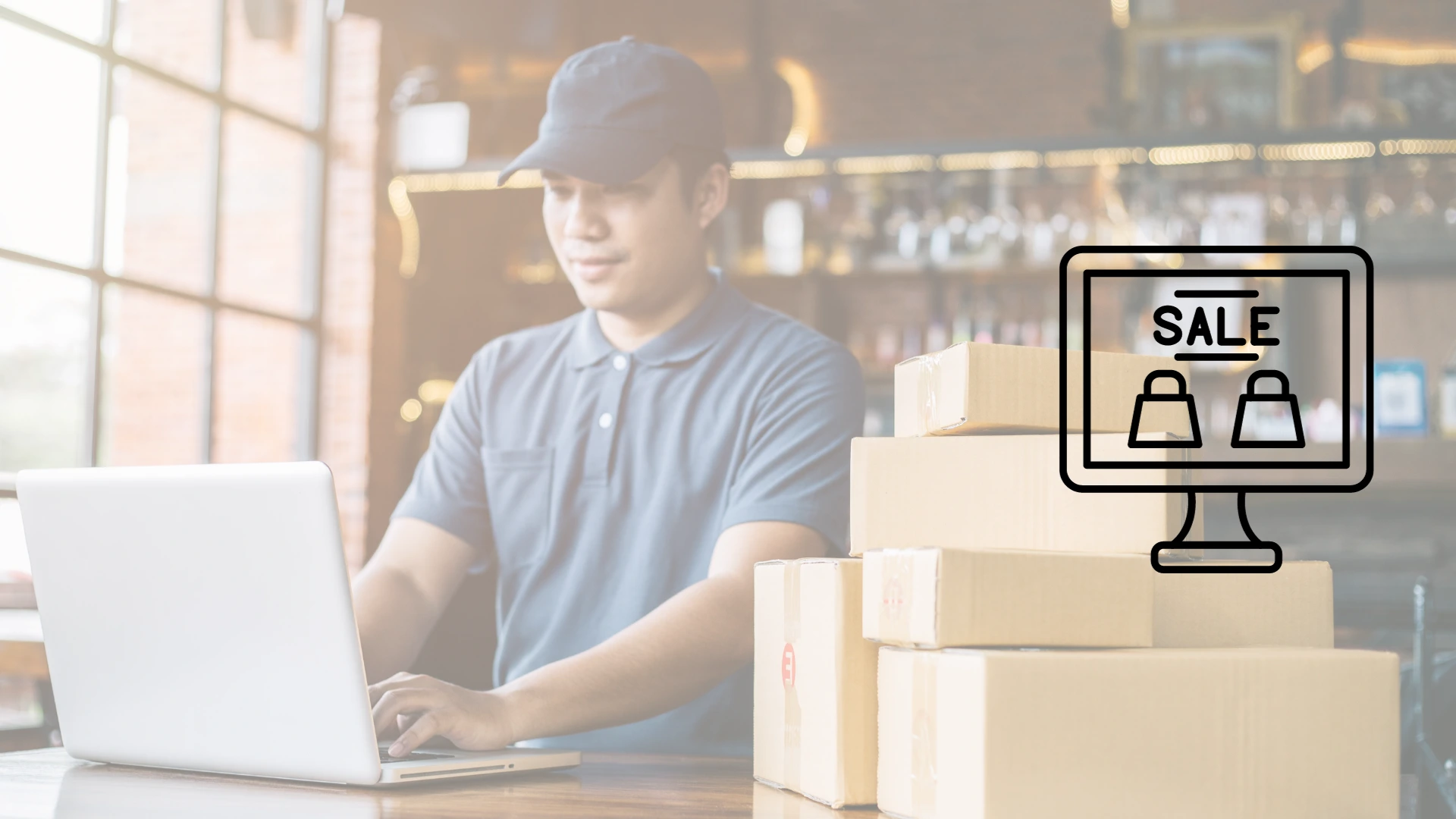 Joven latino emprendedor utilizando laptop dentro de negocio con cajas de envíos a su costado