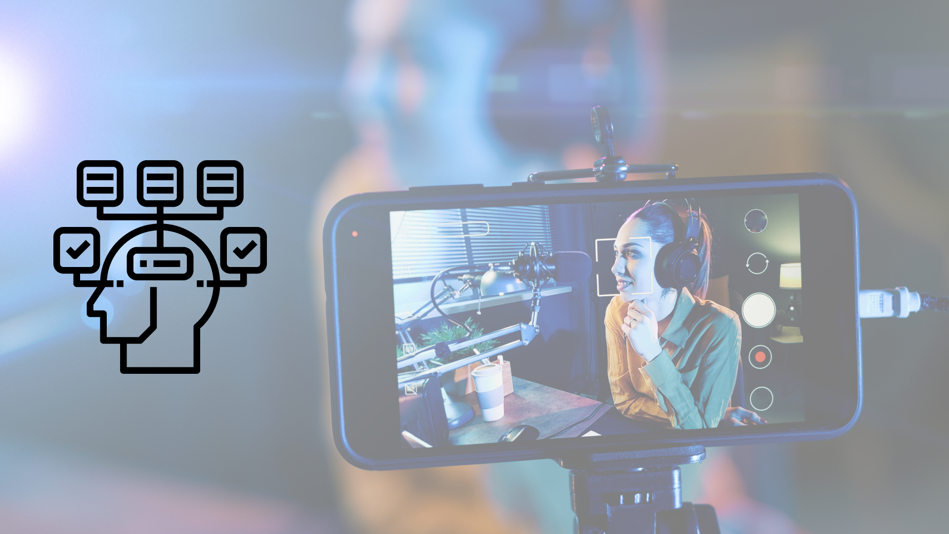 Mujer jóven caucasica siendo grabada en estudio de lucución con smartphone