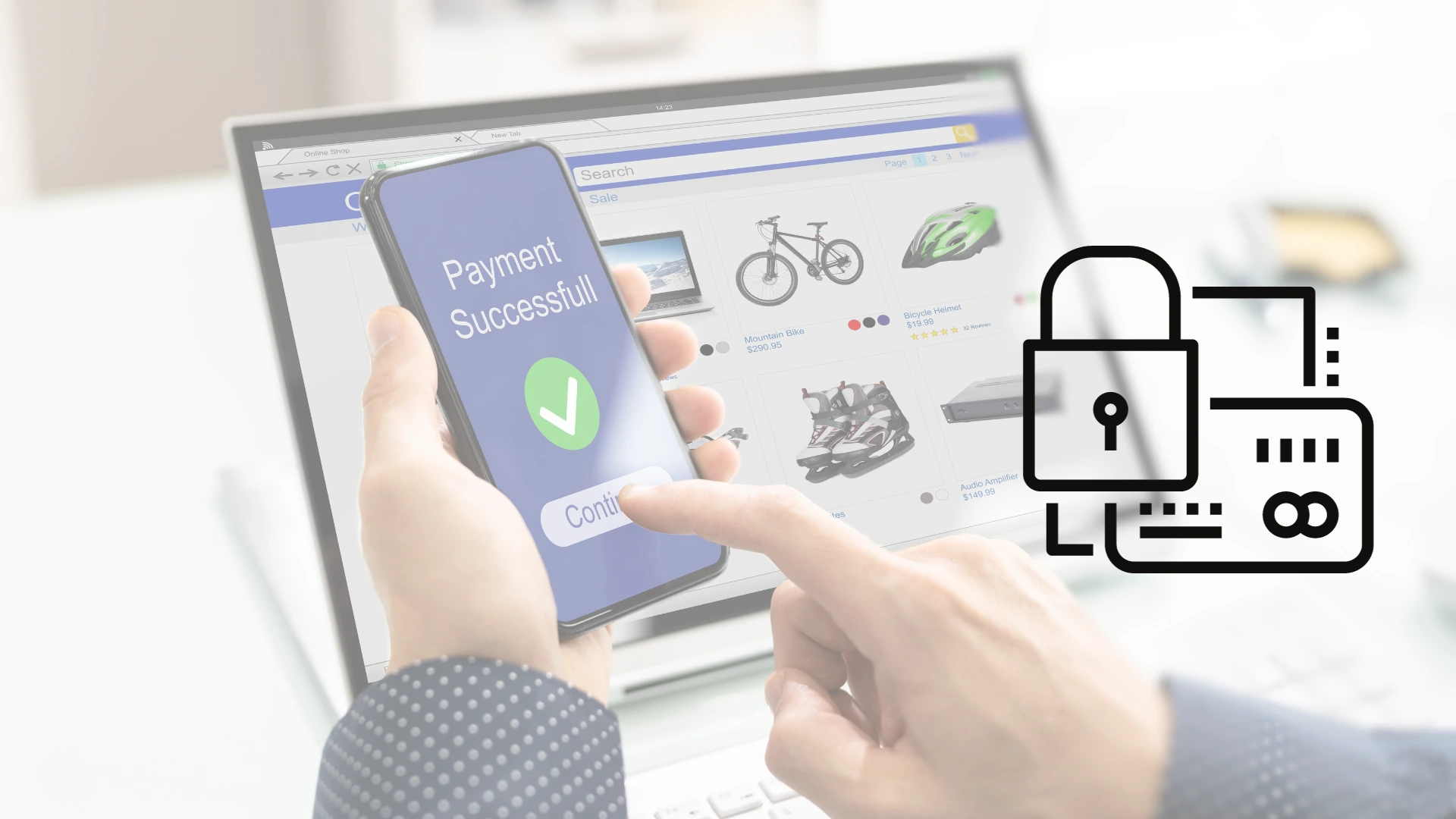 Hombre utilizando smartphone y laptop para comprar en linea