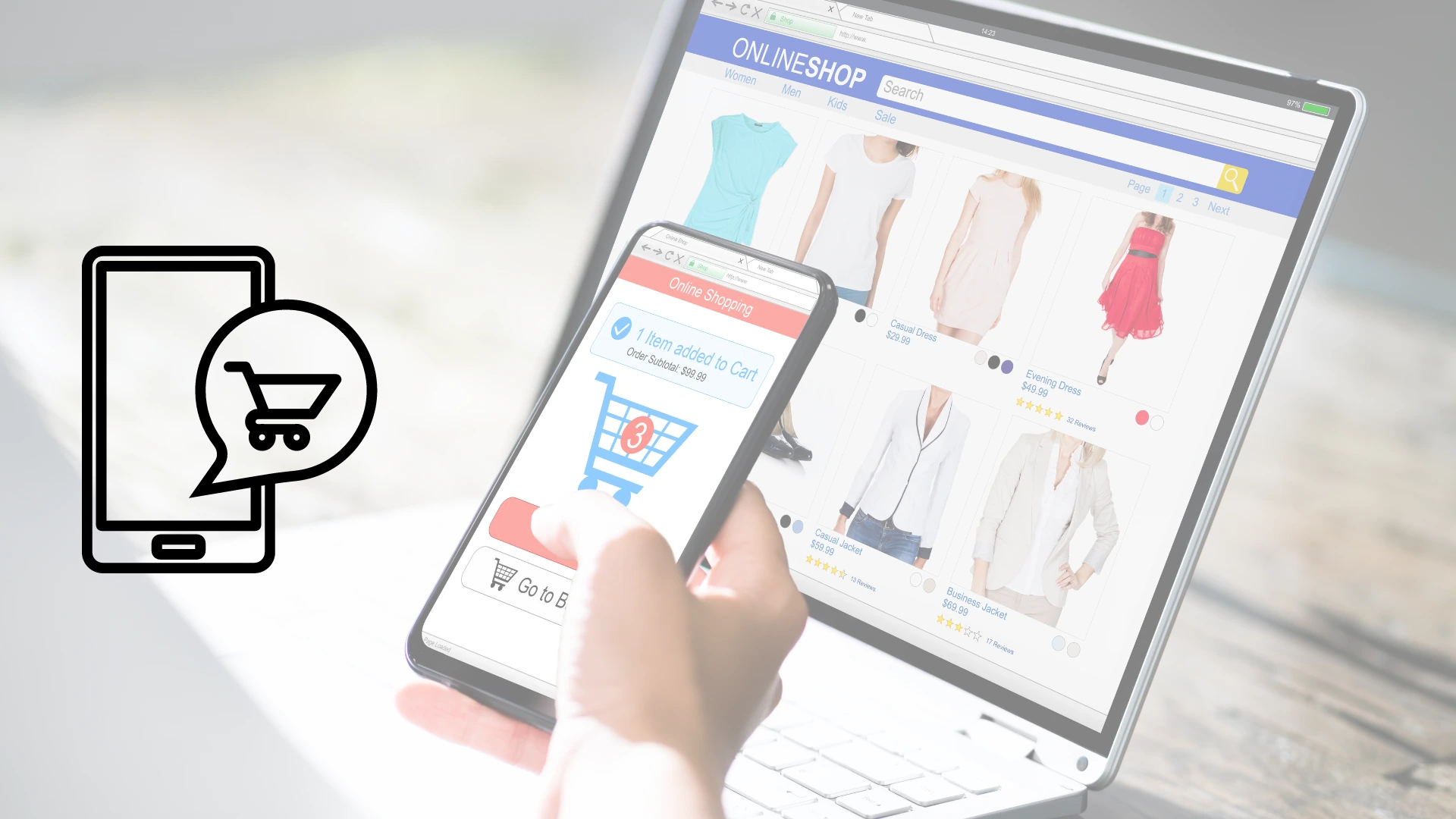 Hombre sosteniendo smartphone frente a escritorio con laptop realizando compra en linea