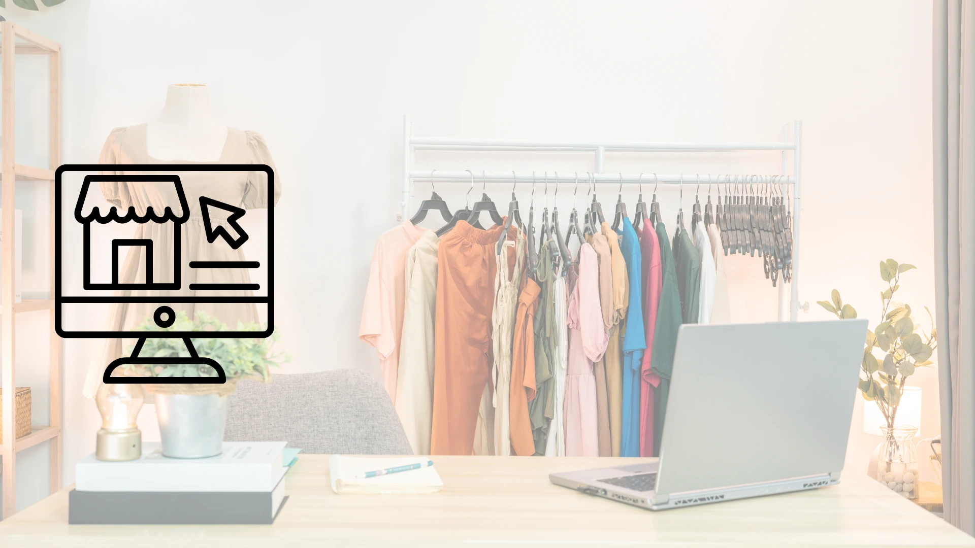 Pequeño negocio de ropa con un maniquí, escritorio, laptop y closet de vestidos