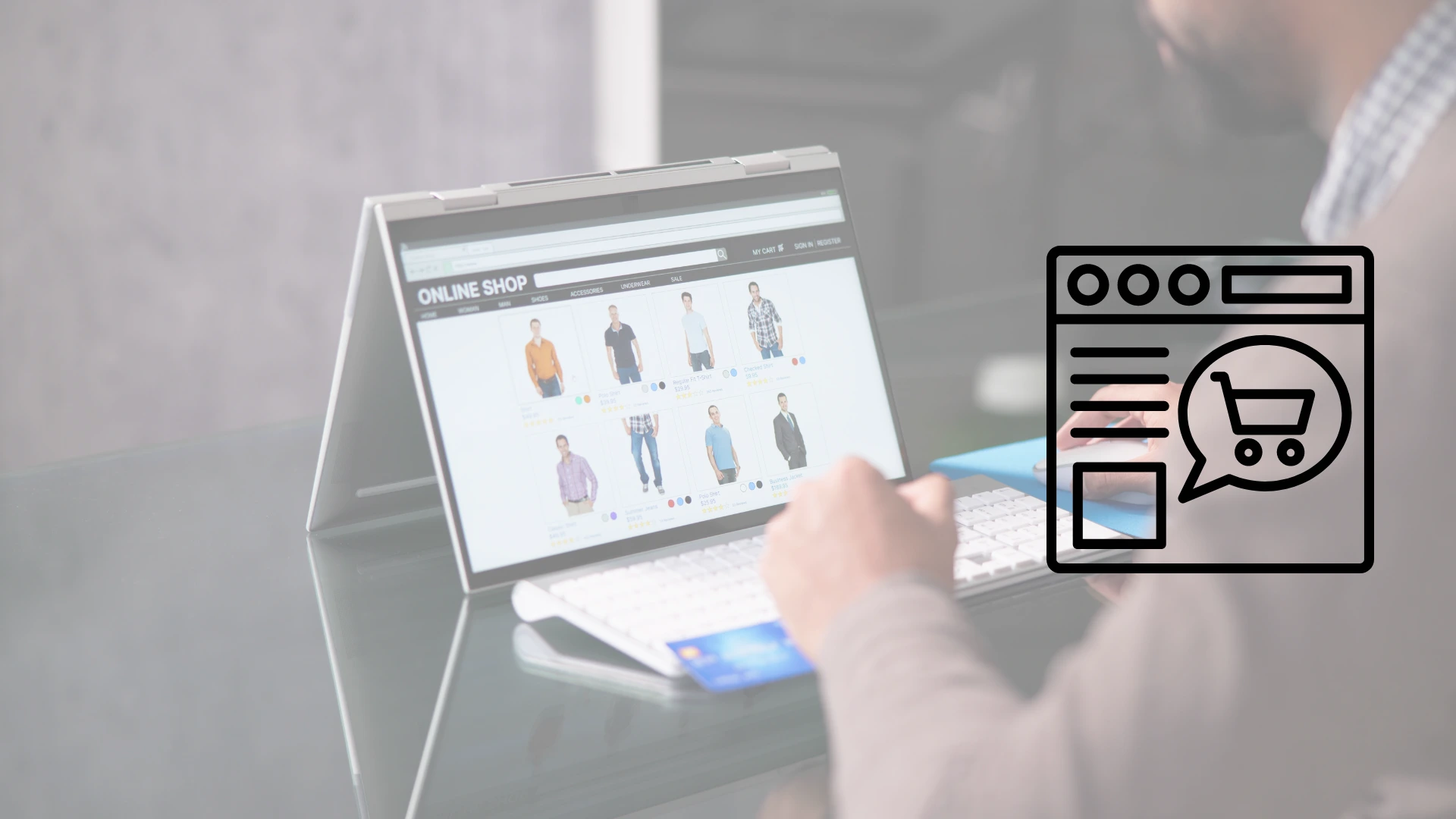 Hombre con vestimenta de oficina en escritorio moderno utilizando laptop para comprar en línea