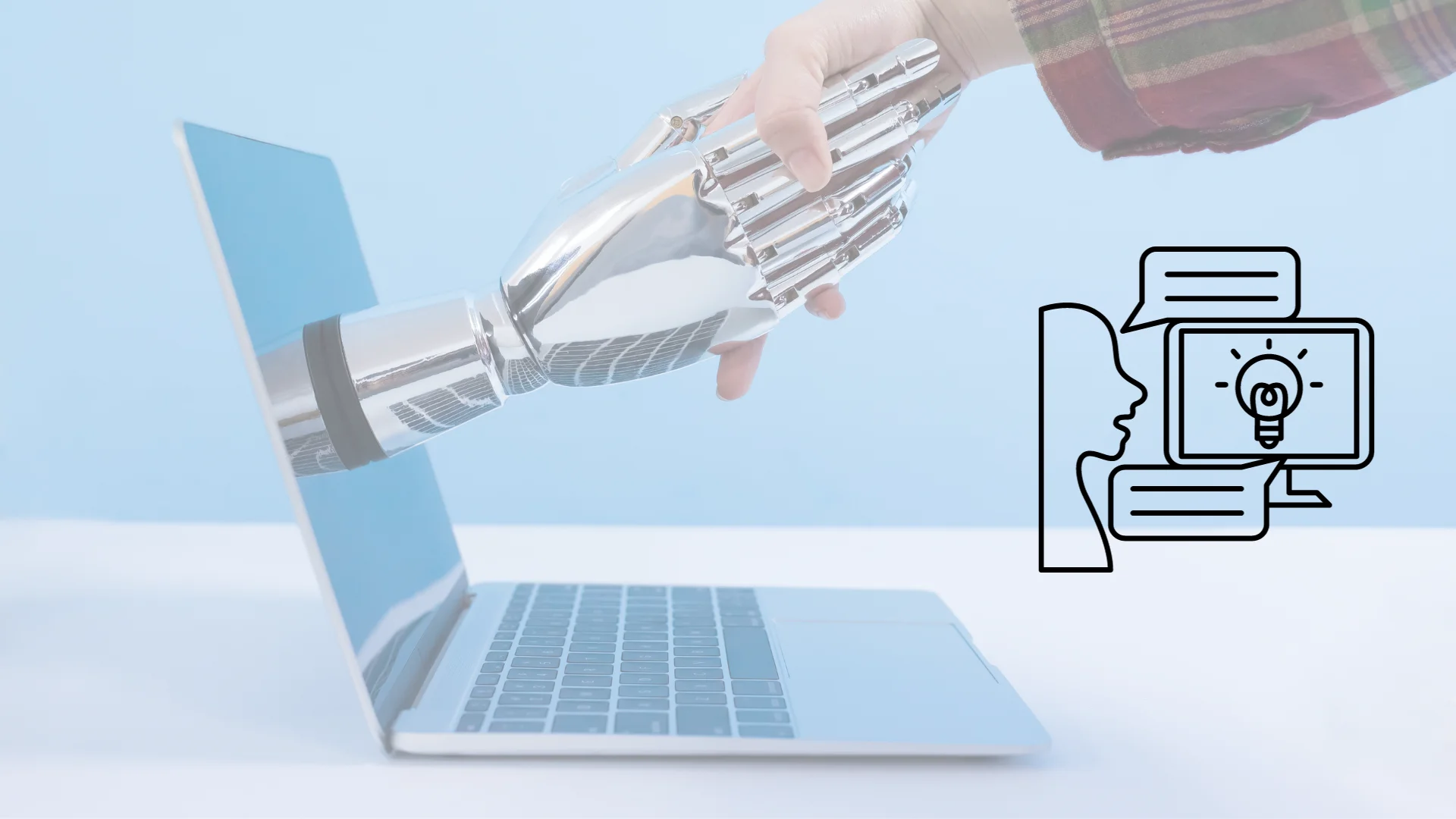 Laptop con mano de inteligencia artificial estrechando mano humana