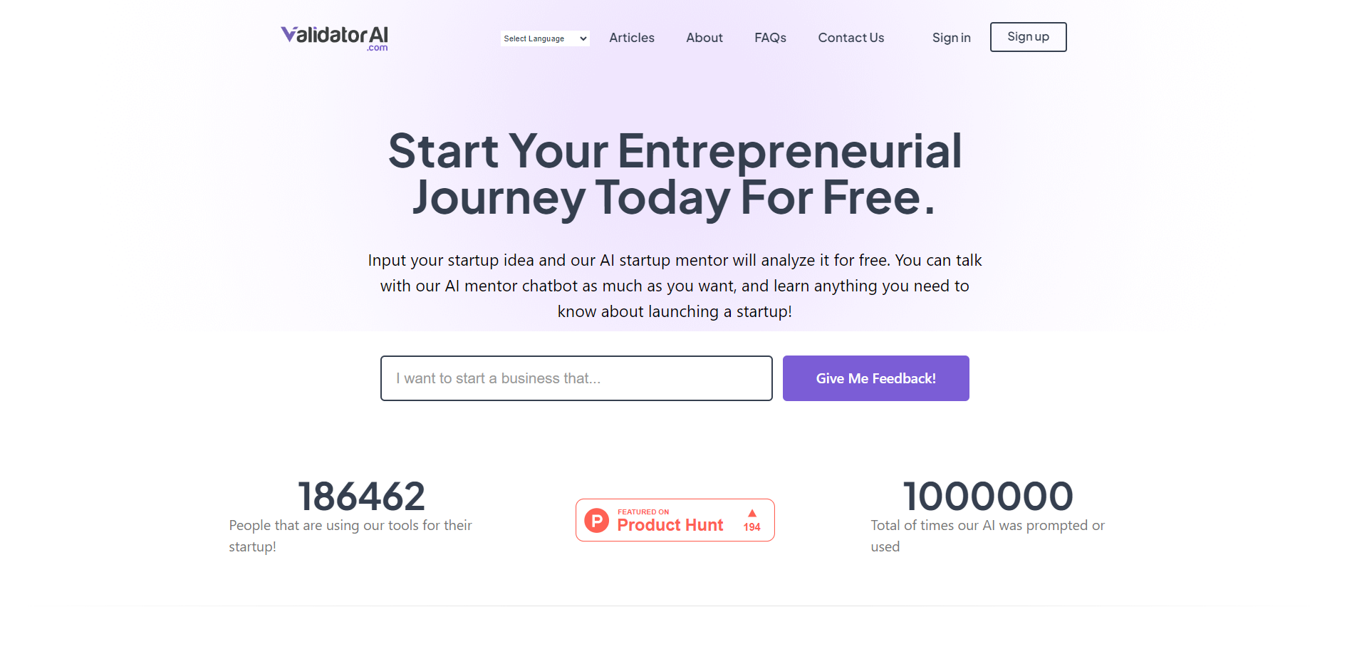 Screenshot de página web de Validator AI