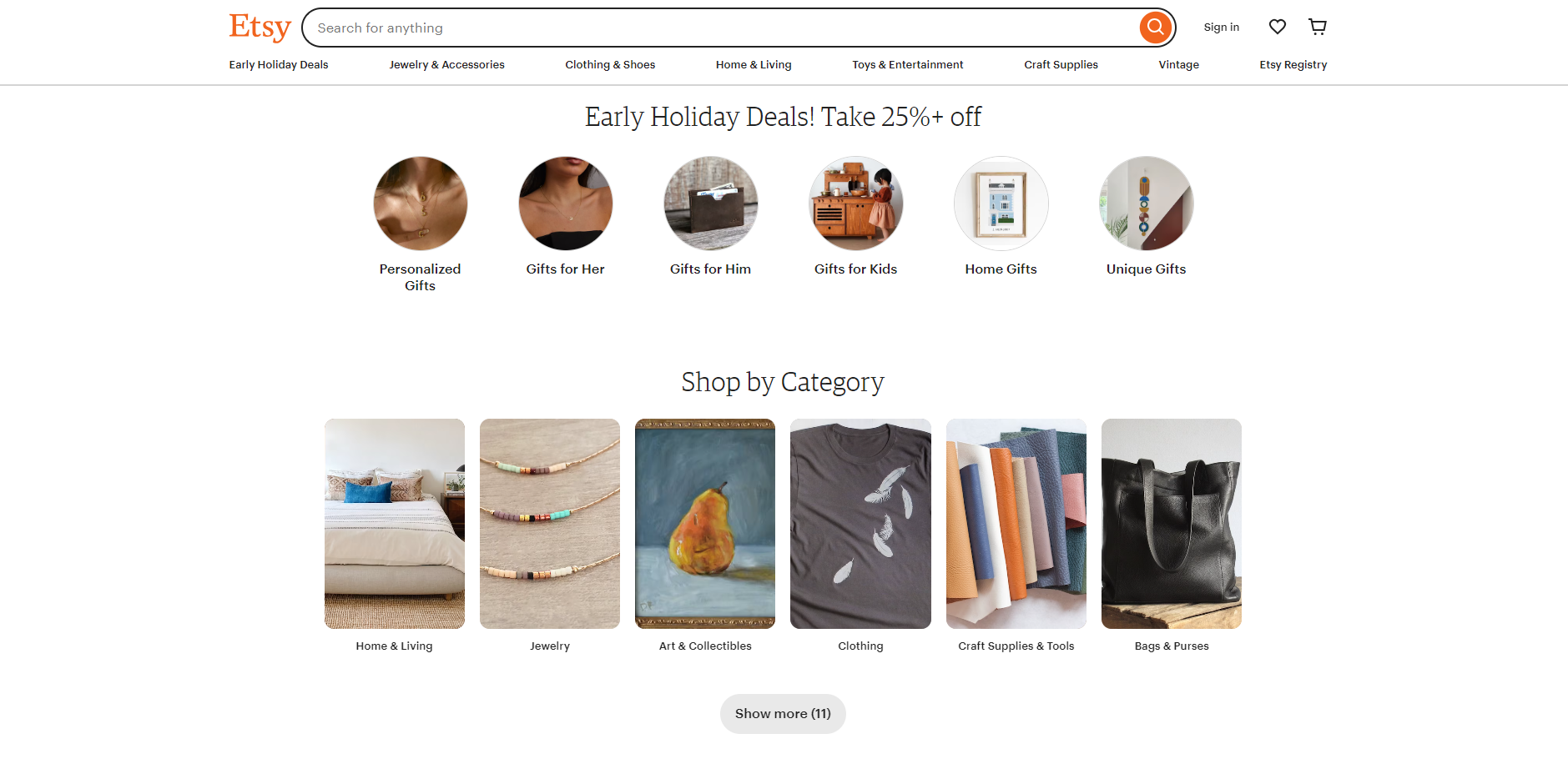 Screenshot de pagina web de Etsy